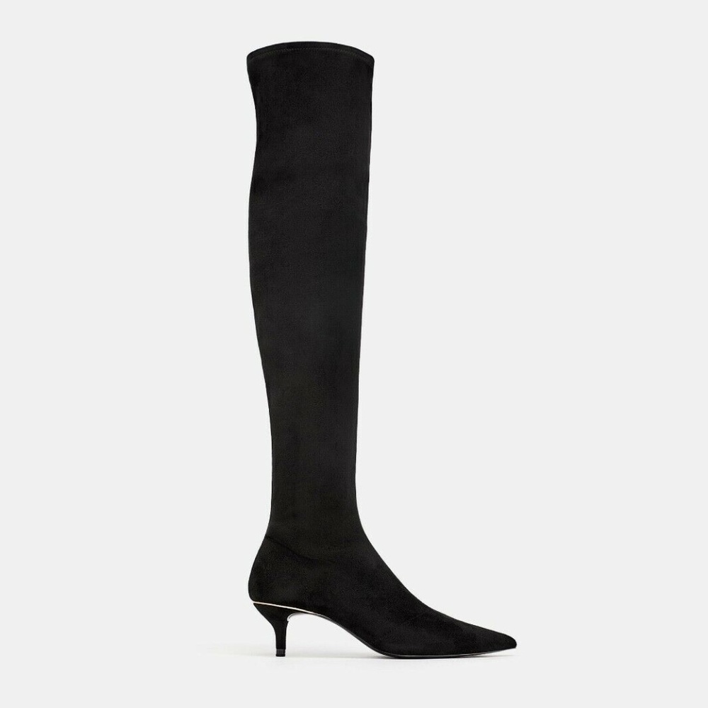 ZARA Black Tall Fabric Thigh High Kitten HEEL OVER-THE-KNEE Boots Black New - Picture 2 of 7